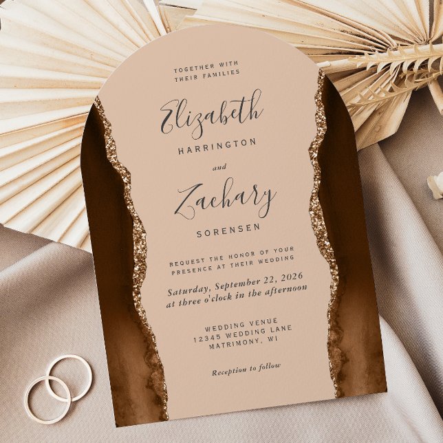 Mocha Brown Gold Agate Tan Arch Shape Wedding Invitation (Creator Uploaded)