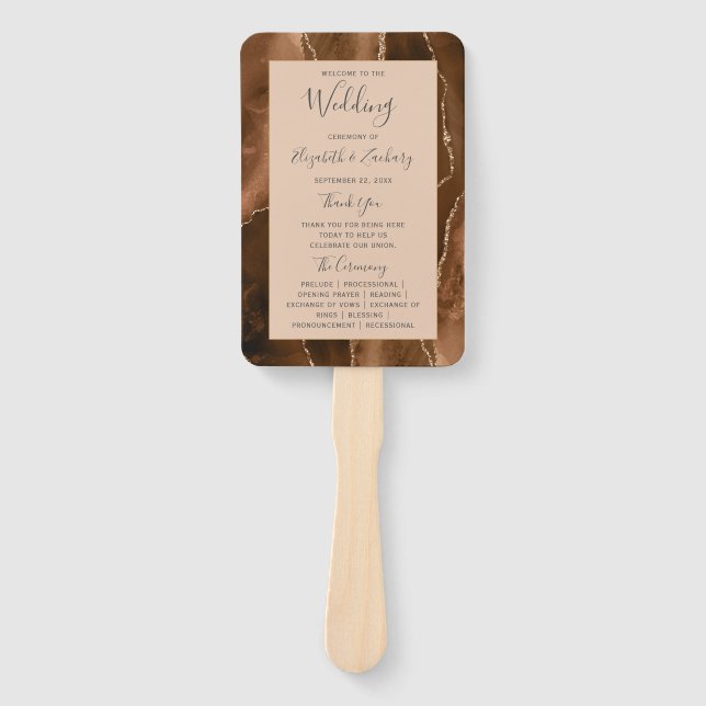 Mocha Brown Gold Agate Tan Wedding Program Hand Fan (Front)