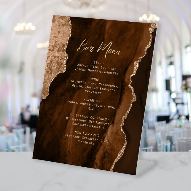 Mocha Brown Gold Agate Wedding Bar Menu Pedestal Sign (Creator Uploaded)