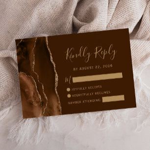 Mocha Brown Gold Agate Wedding RSVP Card