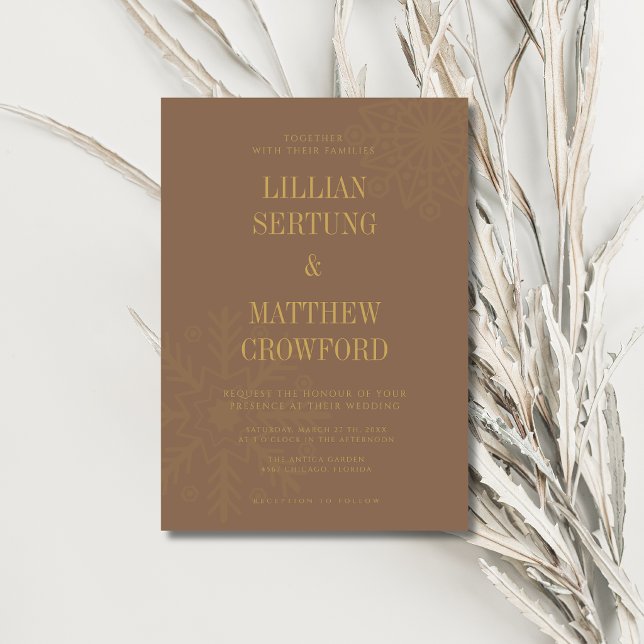 Mocha Brown Gold Clean Snowflake Winter Wedding Invitation (Creator Uploaded)