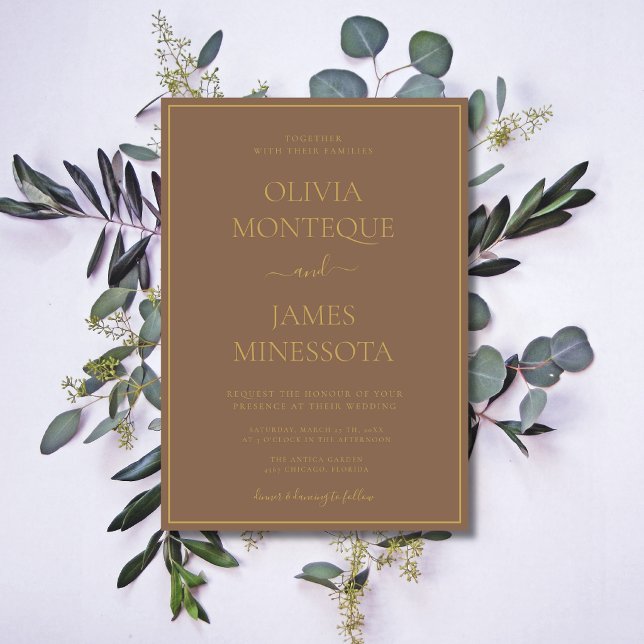 Mocha Brown Gold Frame Luxury Formal Wedding Invitation (Creator Uploaded)