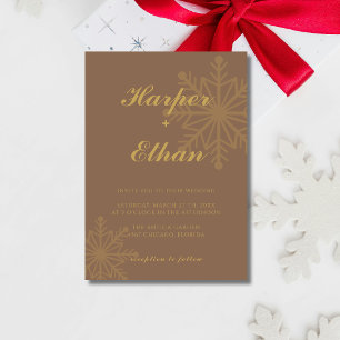 Mocha Brown & Gold Minimalist Snowflake Wedding Invitation