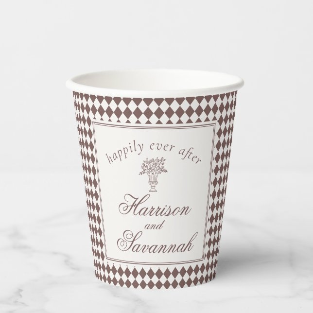 Mocha Brown Harlequin Chequered Wedding Paper Cups (Front)