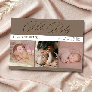 Mocha Brown Hello Baby Three Photos Baby Thank You Card