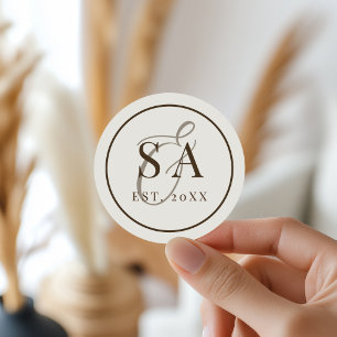 Mocha Brown Ivory Monogram Old Money Wedding Classic Round Sticker