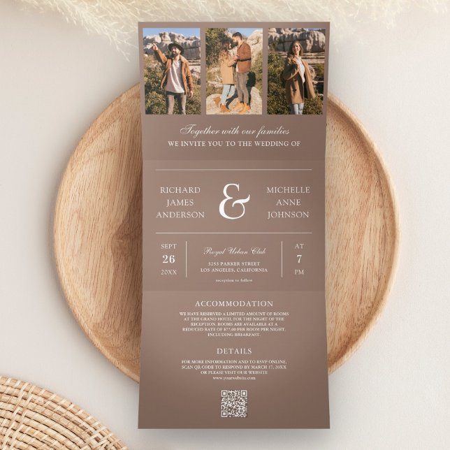 Mocha Brown Minimal Photo Collage QR Code Wedding Tri-Fold Invitation (Creator Uploaded)