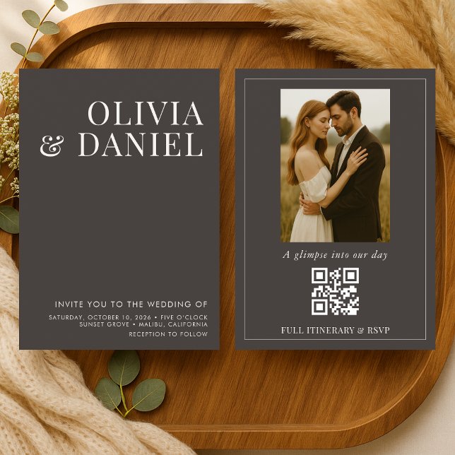 Mocha Brown Minimalist Photo QR Code Wedding Invitation (Creator Uploaded)