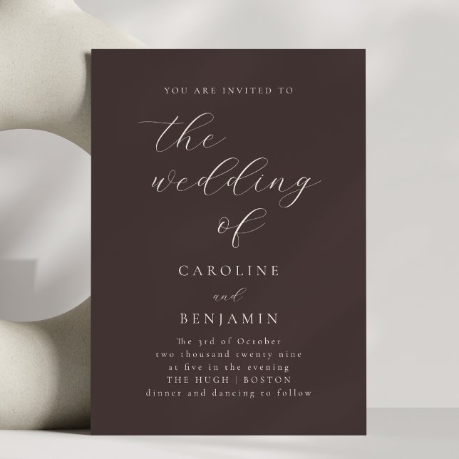 Mocha Brown Minimalist Script Elegant Fall Wedding Invitation (Creator Uploaded)