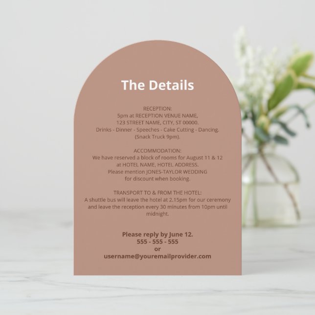 Mocha Brown Modern Wedding Details Card (Standing Front)