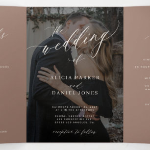 Mocha brown neutral QR code RSVP photo wedding Tri-Fold Invitation