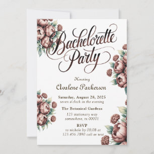 Mocha Brown Painted Peony Bachelorette Party Invitation