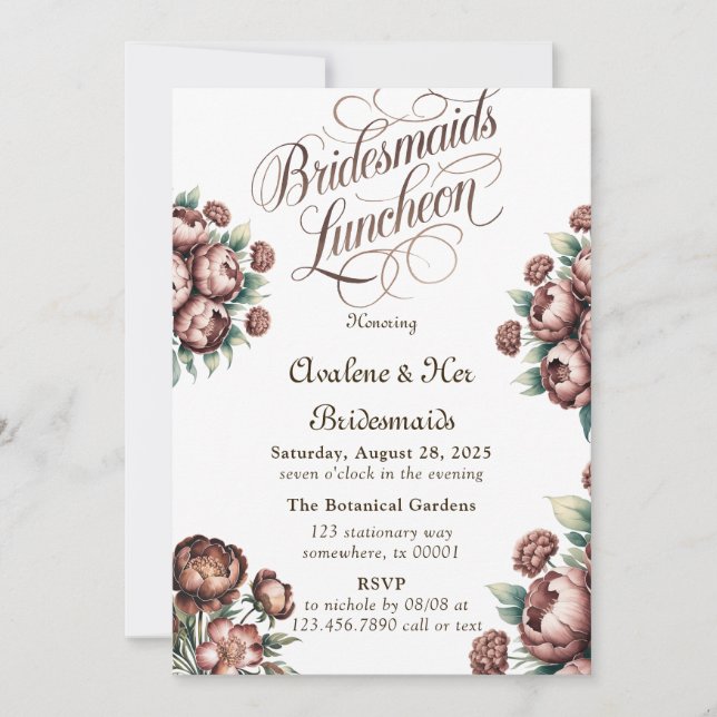 Mocha Brown Painted Peony Bridesmaids Luncheon Invitation (Front)