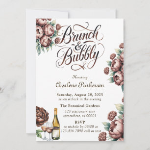 Mocha Brown Painted Peony Brunch and Bubbly Invitation