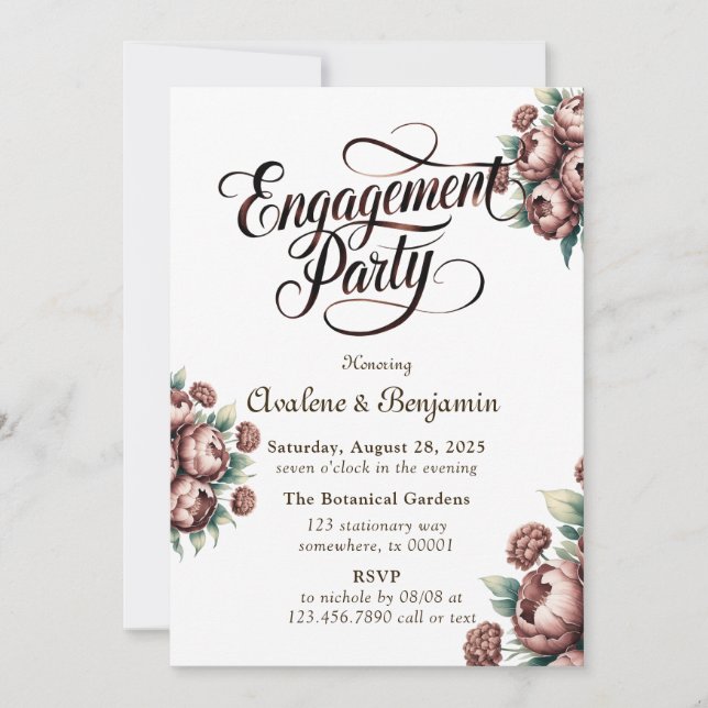 Mocha Brown Painted Peony Engagement Party Invitation (Front)