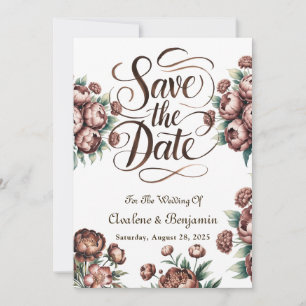 Mocha Brown Painted Peony Save the Date Cards