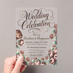 Mocha Brown Painted Peony Wedding Celebration  Acrylic Invitations