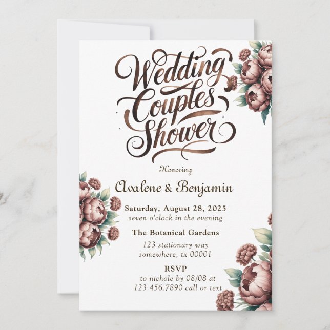 Mocha Brown Painted Peony Wedding Couples Shower Invitation (Front)