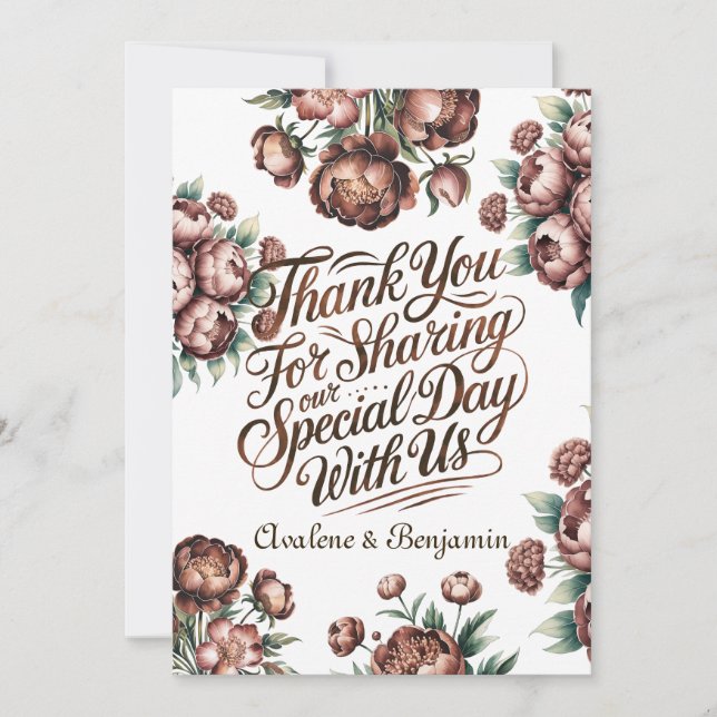 Mocha Brown Painted Peony Wedding Thank You Cards (Front)