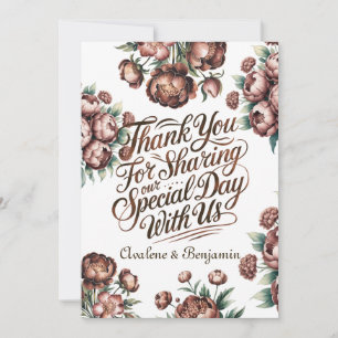 Mocha Brown Painted Peony Wedding Thank You Cards