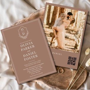 Mocha Brown Photo QR Code Classic Crest Wedding Invitation