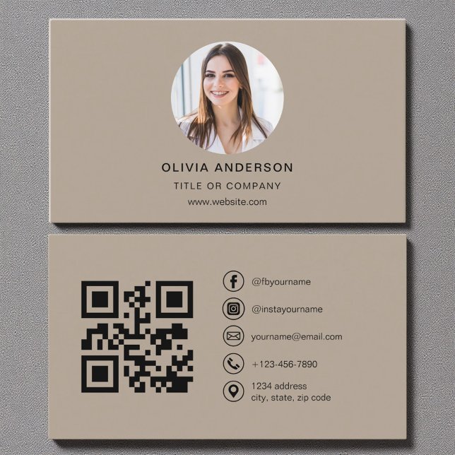 Mocha Brown Photo with QR Code Social Media Business Card (Creator Uploaded)