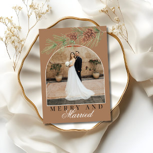 Mocha Brown Pine Merry & Married Photo Christmas Holiday Card