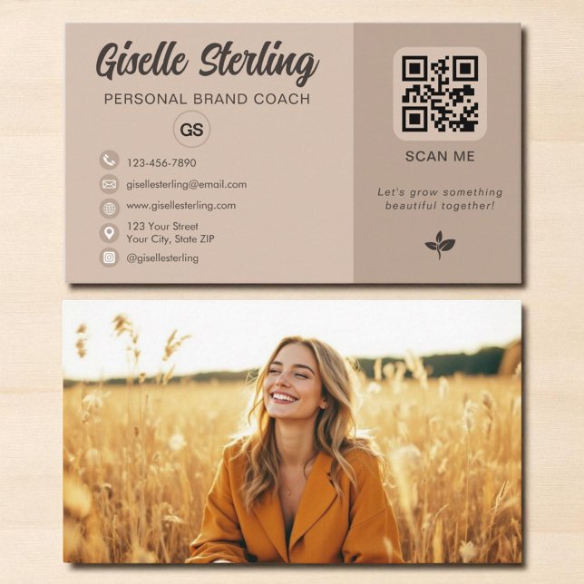 Mocha Brown QR Code Photo Monogram Social Media  Business Card (Creator Uploaded)