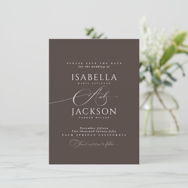 Mocha Brown Simple Classy Minimalist Chic Wedding Save The Date (Standing Front)