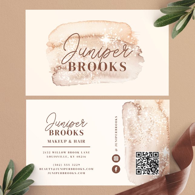 Mocha Brown Social Media QR Code Glitter Business Card (Creator Uploaded)