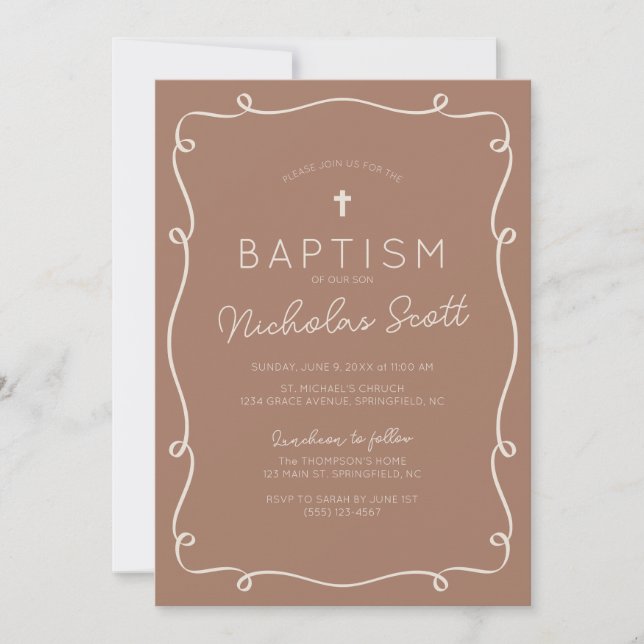 Mocha Brown Squiggle Baptism Invitation (Front)