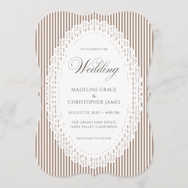 Mocha Brown Stripe Lace Doily Wedding Invitation (Front)