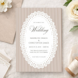 Mocha Brown Stripe Lace Doily Wedding Invitation