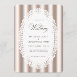Mocha Brown Stripe Lace Doily Wedding Invitation