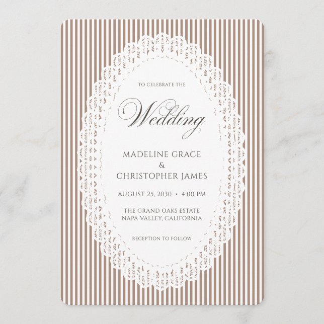 Mocha Brown Stripe Lace Doily Wedding Invitation (Front)