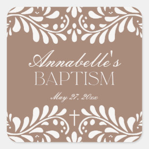 Mocha Brown Talavera Spanish Fiesta Baptism Favour Square Sticker