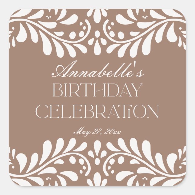 Mocha Brown Talavera Spanish Fiesta Birthday Favou Square Sticker (Front)