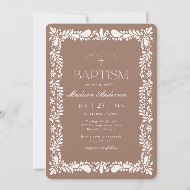 Mocha Brown Talavera Tile Fiesta Baptism Invitation (Front)