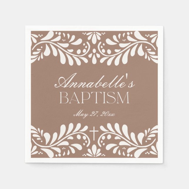 Mocha Brown Talavera Tile Fiesta Baptism Napkin (Front)