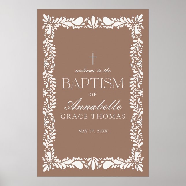 Mocha Brown Talavera Tile Fiesta Baptism Welcome Poster (Front)