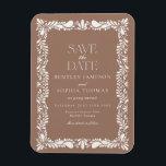 Mocha Brown Talavera Tile Fiesta Save the Date Magnet<br><div class="desc">Everyone loves a fiesta! This collection is a stunning blend of elegance and cultural heritage, inspired by the traditional Mexican Talavera tile patterns. The earthy mocha brown Terracotta floral border exudes sophistication and a touch of festive charm, making it perfect for your Spanish or Mexican inspired celebration. Whether you're hosting...</div>