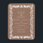 Mocha Brown Talavera Tile Fiesta Save the Date Magnet<br><div class="desc">Everyone loves a fiesta! This collection is a stunning blend of elegance and cultural heritage, inspired by the traditional Mexican Talavera tile patterns. The earthy mocha brown Terracotta floral border exudes sophistication and a touch of festive charm, making it perfect for your Spanish or Mexican inspired celebration. Whether you're hosting...</div>