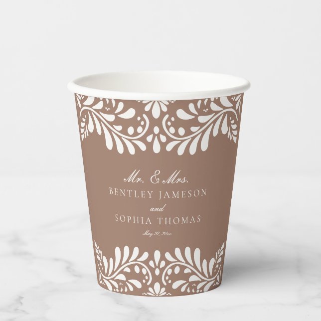 Mocha Brown Talavera Tile Spanish Fiesta Wedding Paper Cups (Front)