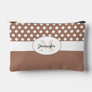 Mocha brown White polka dot retro pattern Monogram Accessory Pouch
