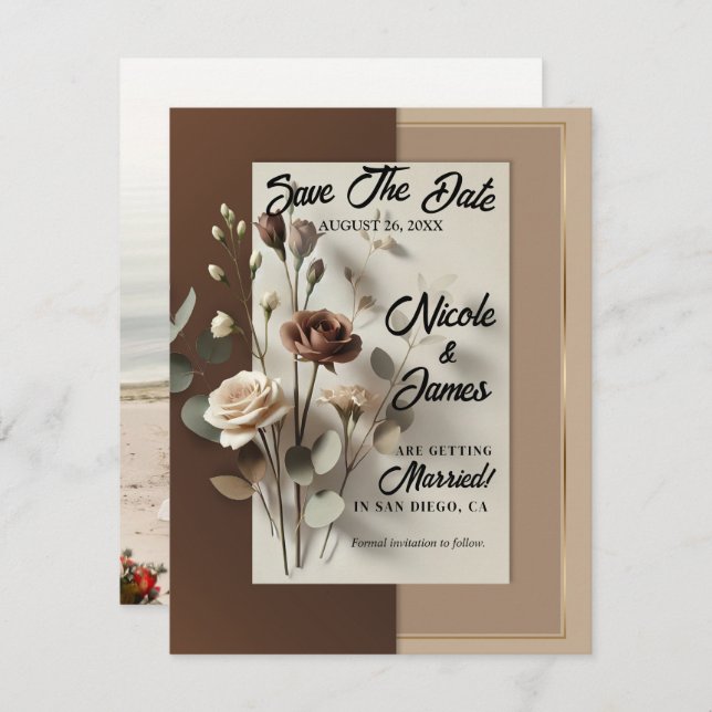Mocha Café Au Lait Brown Neutral Floral Save Date Invitation (Front/Back)