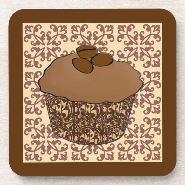 Mocha / Coffee Frosted Cupcake, Lace Background Coaster (Front)
