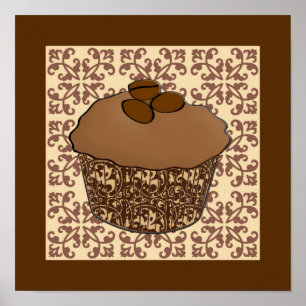 Mocha / Coffee Frosted Cupcake, Lace Background Poster