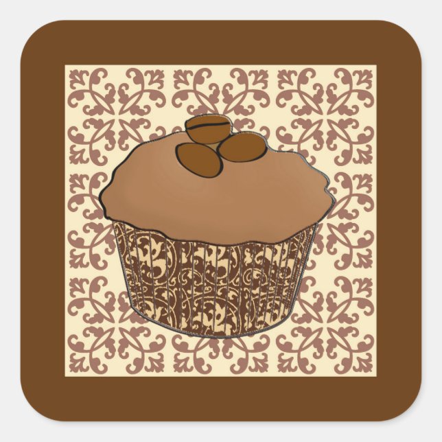 Mocha / Coffee Frosted Cupcake, Lace Background Square Sticker (Front)