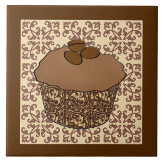 Mocha / Coffee Frosted Cupcake, Lace Background Tile