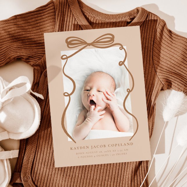 Mocha Doodle Bow Frame Birth Announcement Photo (Creator Uploaded)